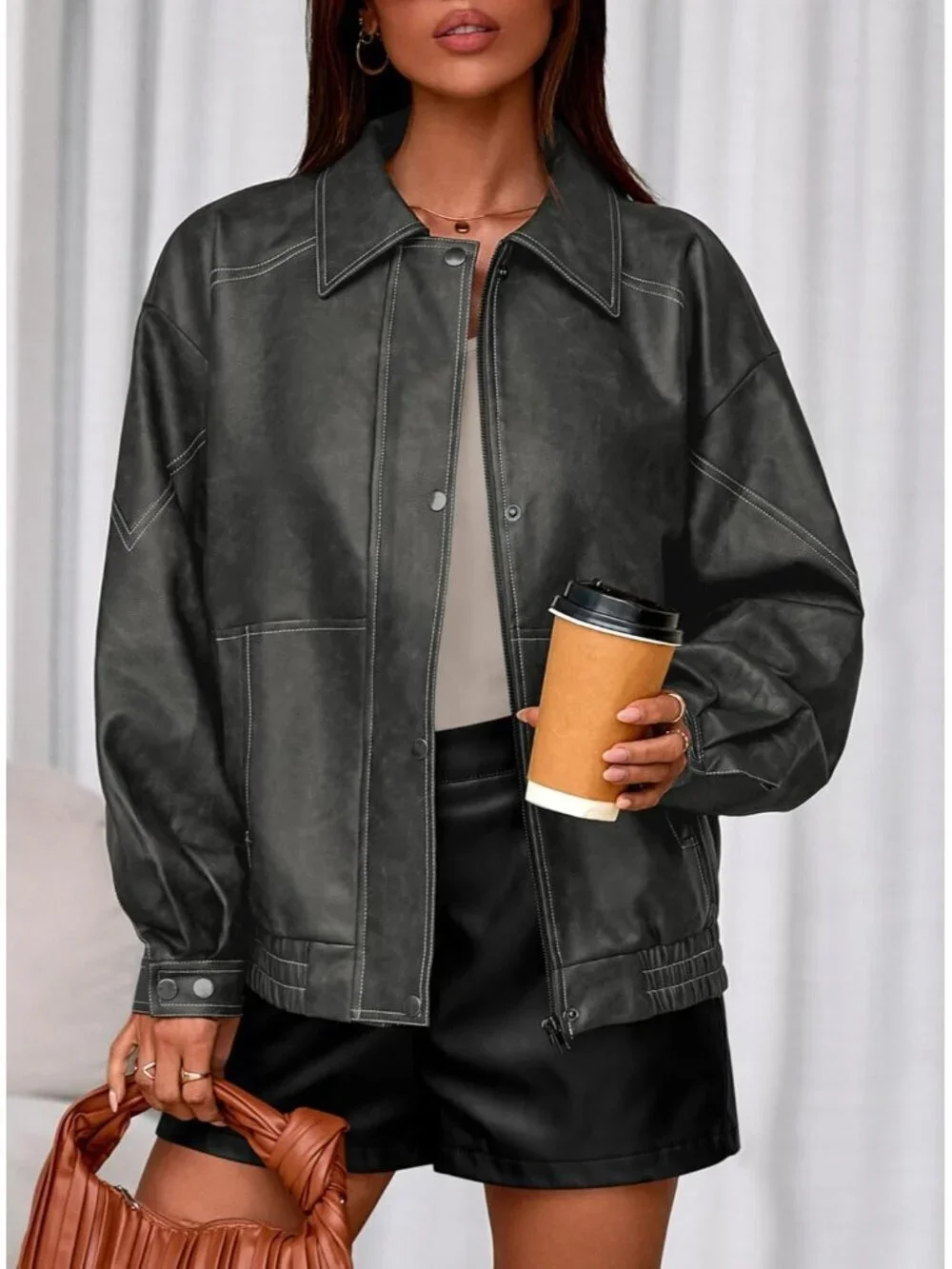 Women's Bomber Motorcycle Zip Up Jackets Oversized Faux Leather Jacket Grey